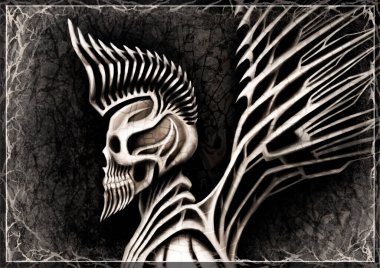 Biomechanical, gothic skull with mohawk or crest and beard, skeleton of an fallen angel with relief, and sharp geometric wings, white, marble color, on dark background similar gray stone with cobweb. clipart