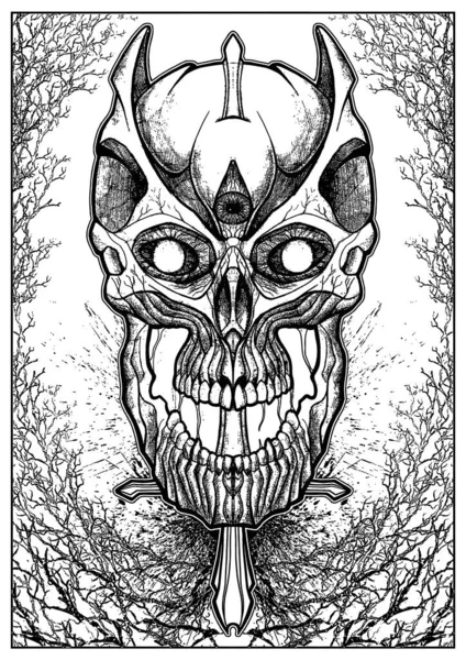 恶魔或魔鬼的骷髅 黑黑的 可怕的头 可怕的 在树枝间的剑上刺着 有尖牙 有张大下巴 前额中央有一只眼睛 一双大而可怕的眼睛 — 图库矢量图片