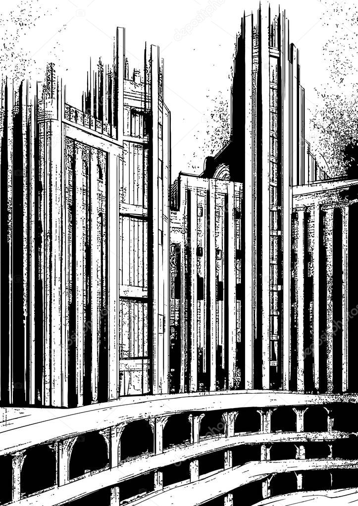 Architectural abstraction, magic, mystical, fairytale castle on stylobate, with high towers, sharp spire, windows, with arches and vertical stripes on the facade, in black and white graphic, line art