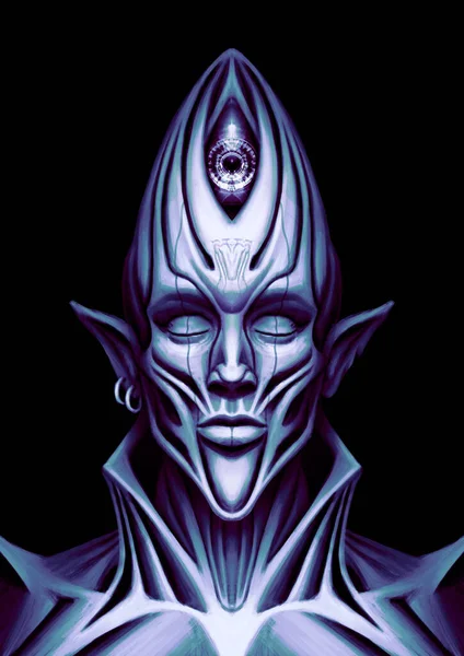 Fantasy character close up, alien, cosmic elf, humanoid, with big eye, long pointed head, large lips and an elongated chin, sharp, high collar, with folds and muscles, no background, emerald lilac.