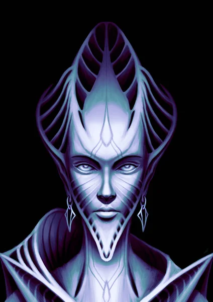 판타지 캐릭터 외계인 머리를 휴머노이드 날카로운 줄무늬와 귀고리 에메랄드 라일락 — 스톡 사진