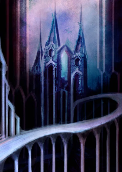 建筑抽象 童话般的背景 神秘的城堡 高塔尖尖 拱形而又长的光滑桥 在明亮的夜光中高高地支撑着 在紫色珊瑚中 五彩斑斓 — 图库照片