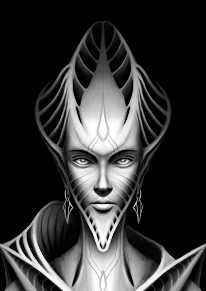 Fantasiefigur Aus Nächster Nähe Alien Weltraumelfenfrau Humanoid Mit Länglichem Kopf — Stockfoto