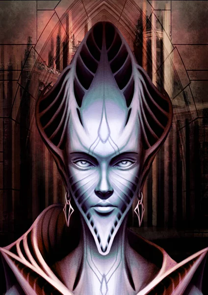 Fantasy Character Close Alien Space Elf Woman Humanoid Elongated Head — Stock Photo, Image