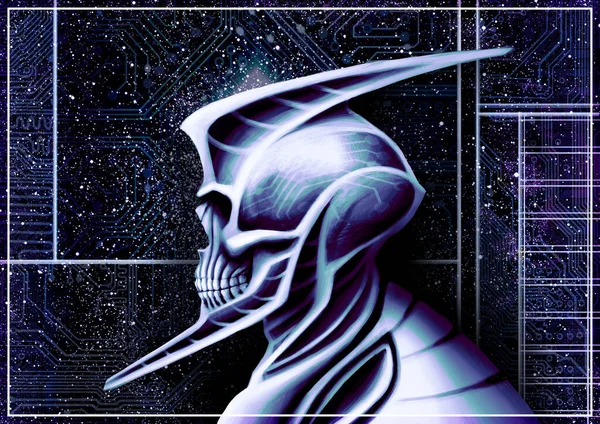 낙하산병 사이보그 외계인 드로이드 머리칼을 휴머노이드 머리에 역학적 배경에 청록색 — 스톡 사진