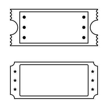 Daireleri ve yıldızları olan iki boş bilet şablonu. Bilet tasarımı. Konser bileti, piyango kuponları. Kupon ya da bilet ikonu. Vektör illüstrasyonu beyaz arkaplanda 10 izole durumda