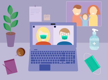   Coronavirus salgını sırasında evden internet üzerinden çalışıyorum. Kendini izole etme kavramı. Virüs enfeksiyonunu önlemek için evde kal. Freelancer evde dizüstü bilgisayar üzerinde çalışıyor. Uzaktan kumanda. Vektör illüstrasyonu