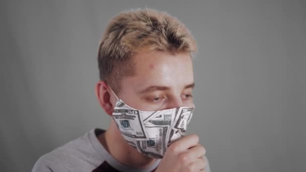 Young man coughing wearing protective mask coronavirus, covid-19, quarantine — Stock Video