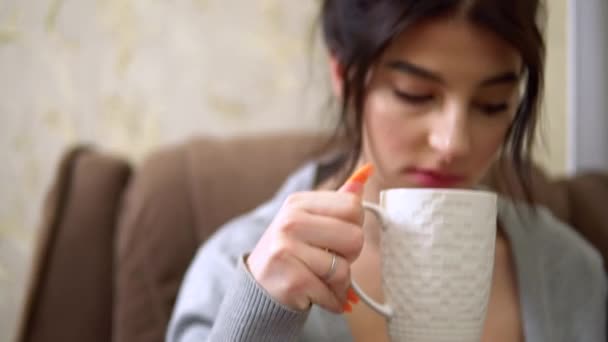 Młoda kobieta pije herbatę, czyta książki, fotel, przytulny salon komfort w domu — Wideo stockowe