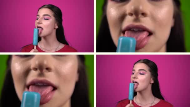 Collage de joven belleza mujer comiendo helado de cerca retrato — Vídeo de stock