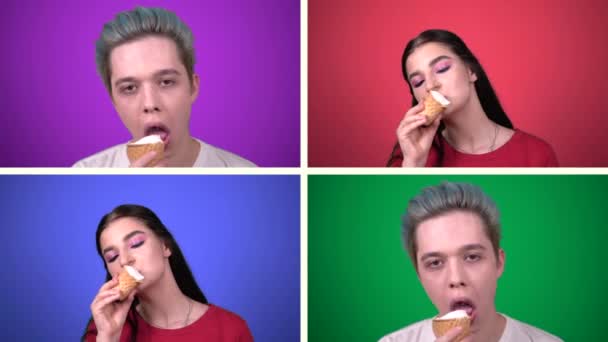 Collage de personas felices comiendo dulces de helado, mujer y hombre mirando a la cámara — Vídeo de stock