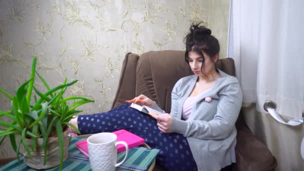 Домохозяйка читает книгу о кресле, самообразовании, карантине, расслаблении — стоковое видео