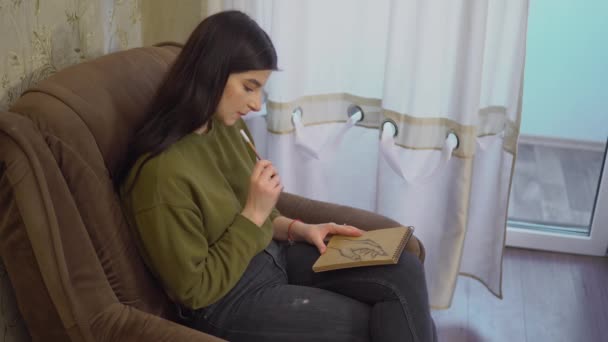 Jonge vrouw tekent maken schets op fauteuil, kunst hobby, kunstenaar schilderen — Stockvideo