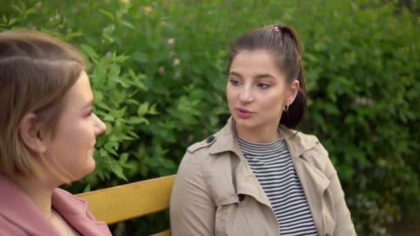 Femme souriante parlant avec un ami, marchant au parc, assise sur un banc — Video