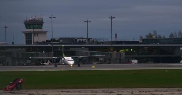 RIGA LATVIA - OCTOBER 8: Airbaltic plane takeoff from airport in Riga, October 8, 2016 in Riga — Stock Video