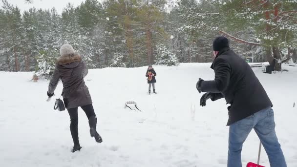 Familia jugando lanzando bolas de nieve en el invierno 96fps — Vídeos de Stock