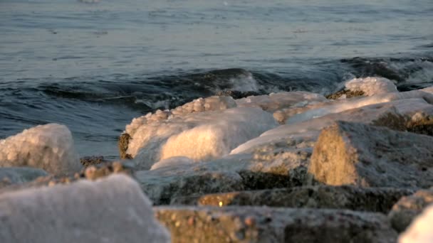 Mouvement lent des vagues écrasant pendant un hiver dans la mer Baltique , — Video