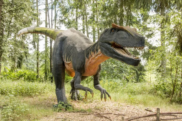 Giveskud, Danimarka - 16 Temmuz 2019: Allosaurus çağının uç yırtıcısıydı. Dinozorlar doğaları gereği yaşarken oldukları boyutlara inanırlar..