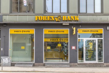 Aarhus, Danimarka - 24 Mart 2020: Aarhus 'taki Forex Bank binasının logosu.