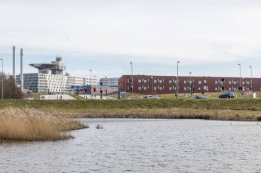 Skejby, Danimarka - 24 Mart 2020: Skejby Hastanesi yeni bir süper hastane, işte bir kısmı ve çok hızlı tedaviye ihtiyacı olan hastalar için kullanılan helikopter platformu