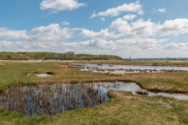 Some Small Lakes Field Sky Makes Mirror Image Water Blue — Stock Photo, Image