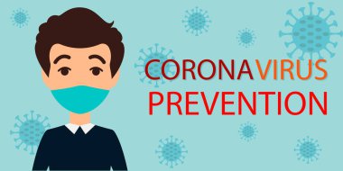 Çin 'de Coronavirus. Coronavirus önleme. Roman Coronavirus (2019-nCoV), mavi tıbbi maskeli adam. Koronavirüs karantinası kavramı. Web afişi. Düz biçim.