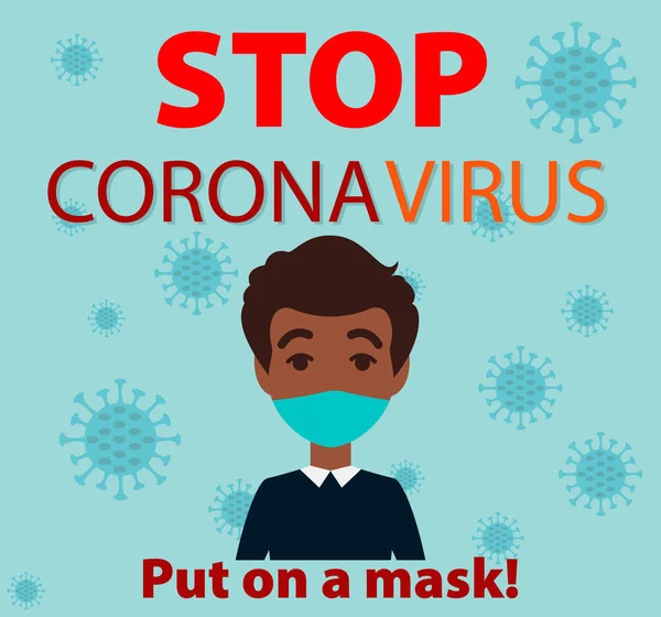 Stop Coronavirus Homme Noir Dans Masque Illustration Vectorielle Plane Bannière — Image vectorielle