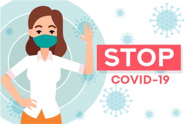 Koronavirüsü durdurun. COVID-19. Maske takan insanlar. Tıbbi koruyucu maskeli insanlar. Yazdırmaya hazırız. Şablon. Pankart