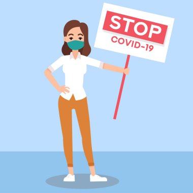 Koronavirüsü durdurun. COVID-19. Maske takan insanlar. Tıbbi koruyucu maskeli insanlar. Yazdırmaya hazırız. Şablon. Pankart