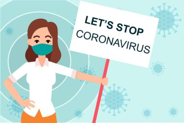 Koronavirüsü durdurun. COVID-19. Maske takan insanlar. Tıbbi koruyucu maskeli insanlar. Yazdırmaya hazırız. Şablon. Pankart