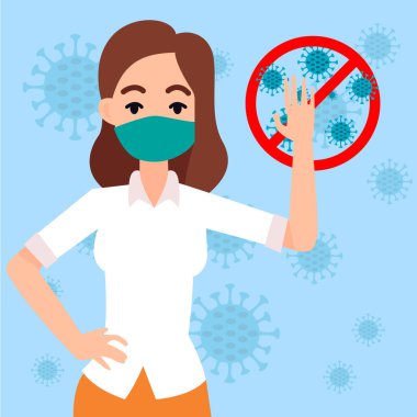 Koronavirüsü durdurun. COVID-19. Maske takan insanlar. Tıbbi koruyucu maskeli insanlar. Yazdırmaya hazırız. Şablon. Pankart