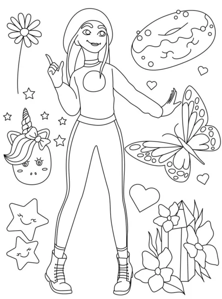 Doodle Zarys Ilustracji Wektorowej Dziewczyny Mody Wieloma Elementami Cute Kolorowanki — Wektor stockowy
