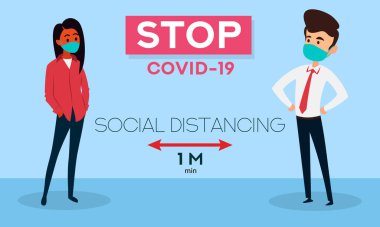 Sosyal uzaklık. Koronavirüsü durdurun. COVID-19. Bayraklar ve başlıklar. Maske takan insanlar. Tıbbi koruyucu maskeli insanlar. Web afişi. Sosyal medya kaynağı. Karantinaya alın. Coronavirus (2019-nCoV)