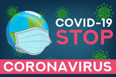 Dünya maske takıyor. Koronavirüsü durdurun. Corona virüsü çizimi. Covid-19. Corona virüsü dünyaya saldırıyor, maske takıyor. Web afişi. Sosyal medya kaynağı.