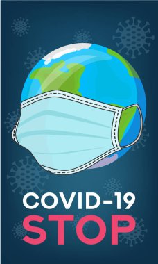 Dünya maske takıyor. Koronavirüsü durdurun. Corona virüsü çizimi. Covid-19. Corona virüsü dünyaya saldırıyor, maske takıyor. Web afişi. Sosyal medya kaynağı.