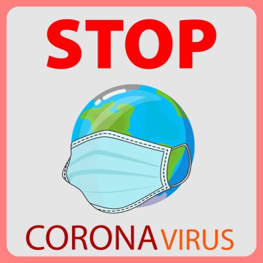 Dünya maske takıyor. Koronavirüsü durdurun. Corona virüsü çizimi. Covid-19. Corona virüsü dünyaya saldırıyor, maske takıyor. Web afişi. Sosyal medya kaynağı.