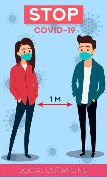 Sosyal Uzaklık Koronavirüsü Durdurun Covid Bayraklar Başlıklar Maske Takan Insanlar — Stok Vektör