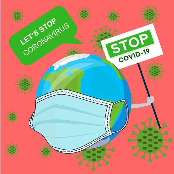 Tierra Lleva Una Máscara Detén Coronavirus Imagen Del Virus Corona — Vector de stock