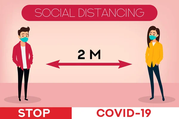 Banner Distanciamiento Social Detener Coronavirus Covid Gente Usando Máscara Personas — Archivo Imágenes Vectoriales