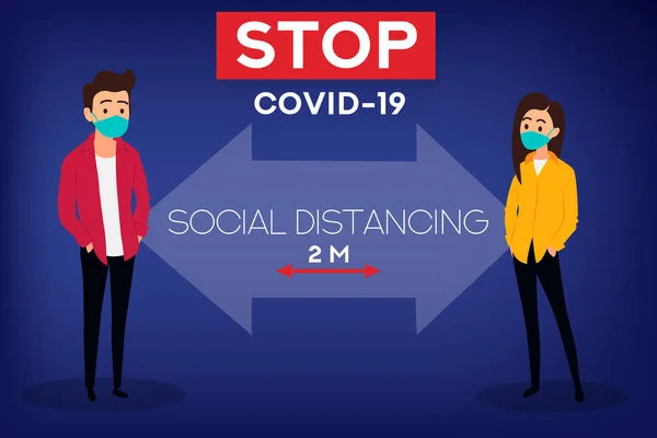 社会异化的旗帜 停止Coronavirus Covid 戴面具的人戴医疗防护面具的人网络横幅 社交媒体资源 供现场使用的横幅和标头 — 图库矢量图片