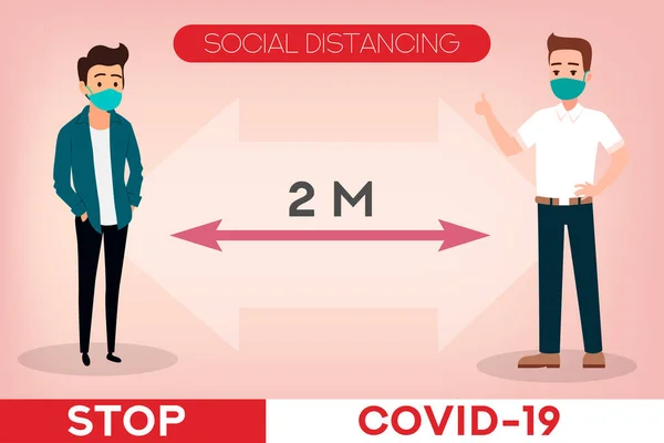 Panji Jarak Sosial Stop Coronavirus Covid Orang Orang Memakai Topeng - Stok Vektor