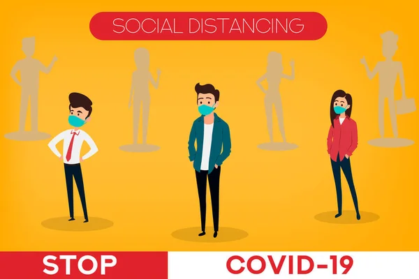 Banner Distanciamiento Social Detener Coronavirus Covid Gente Usando Máscara Personas — Vector de stock