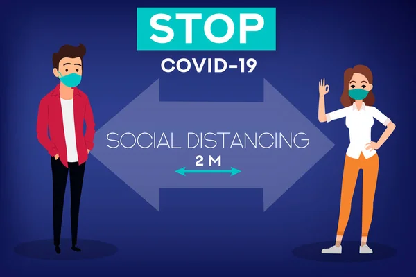 Banner Distanciamiento Social Detener Coronavirus Covid Gente Usando Máscara Personas — Archivo Imágenes Vectoriales