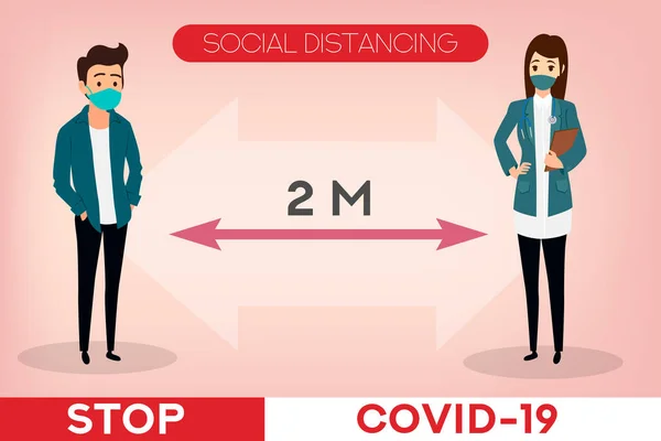 Panji Jarak Sosial Dokter Bertopeng Stop Coronavirus Covid Orang Orang - Stok Vektor