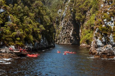 Güney Afrika 'nın Garden Route kenti boyunca Tsitsikamma' da Storms River Boğazı 'ndan Kano' ya bir grup insan turneye çıkıyor.