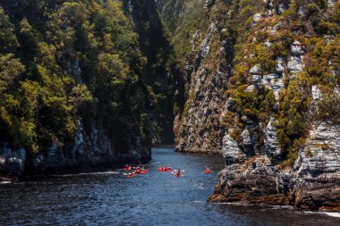 Bir grup kanocu Storms River vadisine doğru ilerliyorlar Storms River Mouth, Tsitsikamma, Garden Route, Güney Afrika