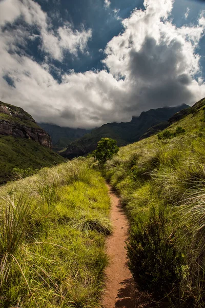 南アフリカのドラケンスバーグにある円形劇場の山に向かって明るく照らされた丘の中腹に沿って導くトゥゲラ渓谷のハイキングコース — ストック写真