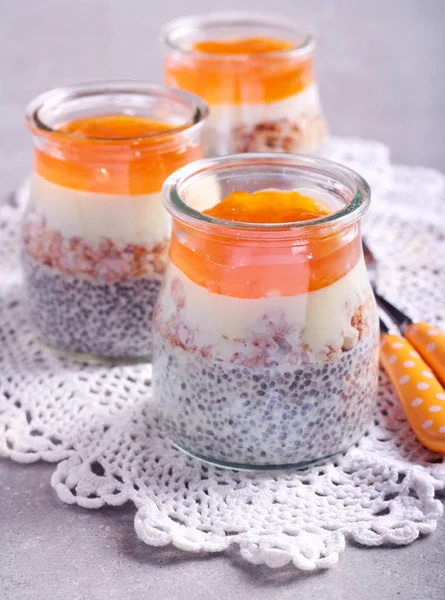 Chia semena, ovesné vločky, jogurt a marmeládou — Stock fotografie