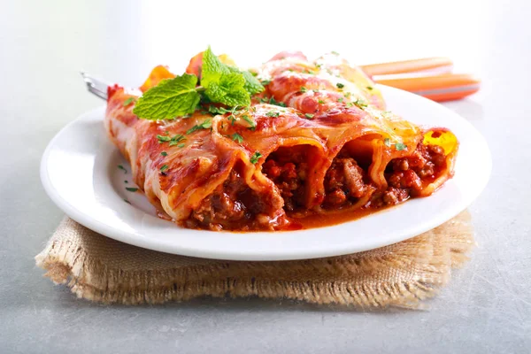 Beef cannelloni with tomato sauce — Stock Photo, Image