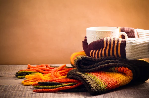 Écharpe et tasse de chocolat chaud dans les mains — Photo